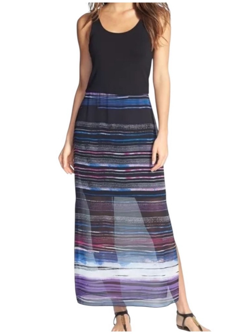 Vince 'Sweep Stripe' Chiffon Overlay Super Cute Comfy Lined Maxi Dress Size PXS